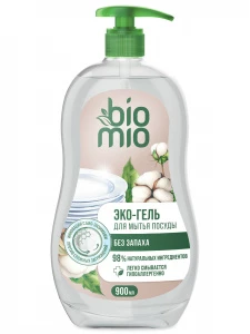 BioMio - Эко-Гель для мытья посуды (в том числе детской)  с экстрактом хлопка и ионами серебра без запаха 900мл концентрат