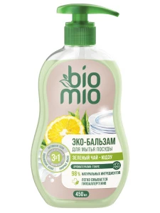 BioMio - Эко-бальзам для мытья посуды (в том числе детской) с экстрактом хлопка и ионами серебра Зеленый чай и юдзу 450мл концентрат